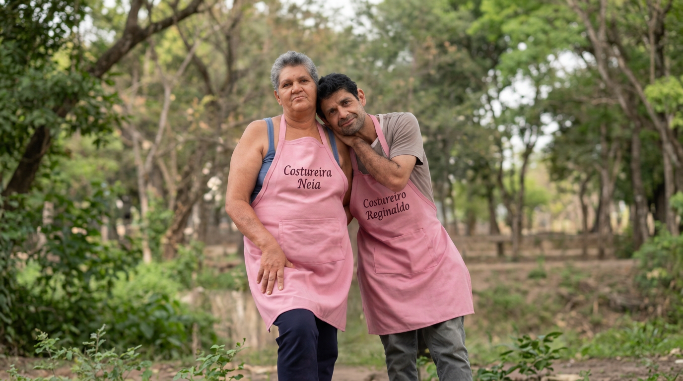 Dona Neia e seu companheiro, juntos com seus aventais de costura
